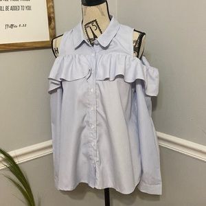 VeryJ Women’s Large Blue Ruffled Sleeveless Button Down Shirt Top